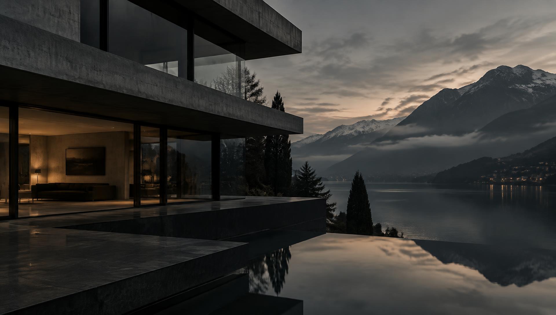 Modern lakeside residence at dusk